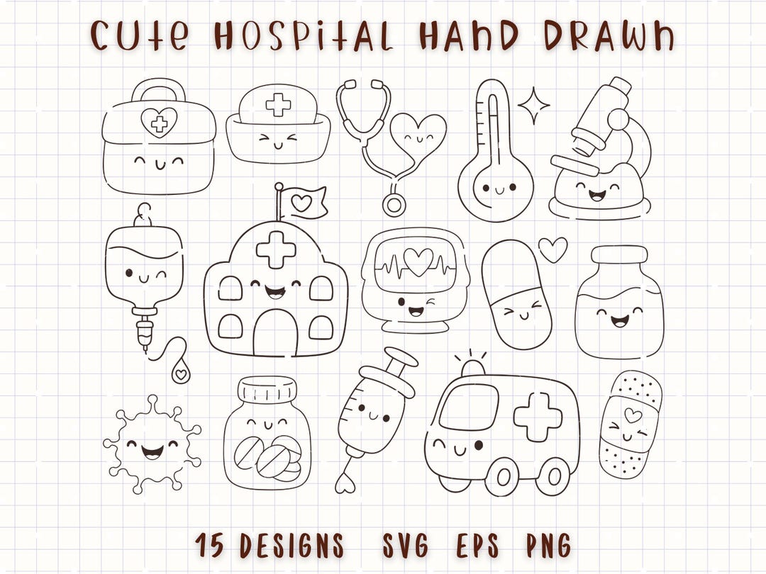 Cute Hospital Clipart, Kawaii Medical SVG Bundle, Hand Drawn Healthcare ...
