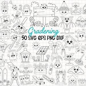 50 Svg de jardinage, clipart jardin kawaii, contours de jardinage, ensemble d'outils pour la maison, Doodle Svg, art au trait dessiné à la main