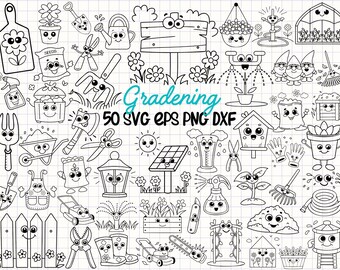 May include: A black and white line art illustration set of 50 gardening themed images. The images include a variety of gardening tools, plants, flowers, and other gardening related items. The text "Gardening 50 SVG EPS PNG DXF" is included in the image.