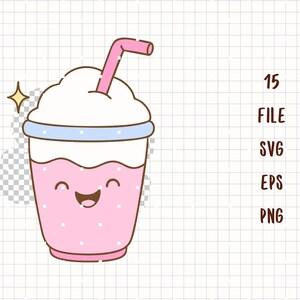 K&ouml;nnte beinhalten: Cartoon-Illustration eines rosa Milchshakes mit einem l&auml;chelnden Gesicht, wei&szlig;er Schlagsahne und einem rosa Strohhalm. Der Milchshake hat wei&szlig;e Tupfen und einen hellblauen Rand. Der Text "15 FILE SVG EPS PNG" ist ebenfalls enthalten.