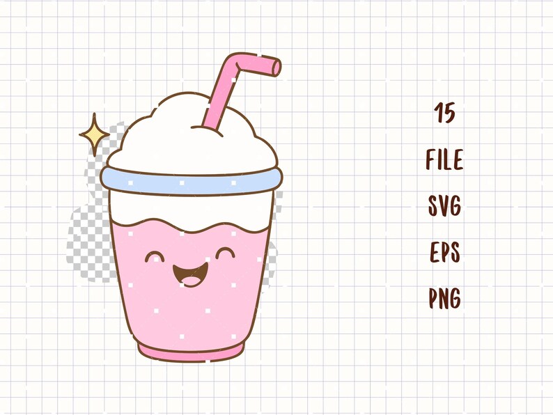 K&ouml;nnte beinhalten: Cartoon-Illustration eines rosa Milchshakes mit einem l&auml;chelnden Gesicht, wei&szlig;er Schlagsahne und einem rosa Strohhalm. Der Milchshake hat wei&szlig;e Tupfen und einen hellblauen Rand. Der Text "15 FILE SVG EPS PNG" ist ebenfalls enthalten.
