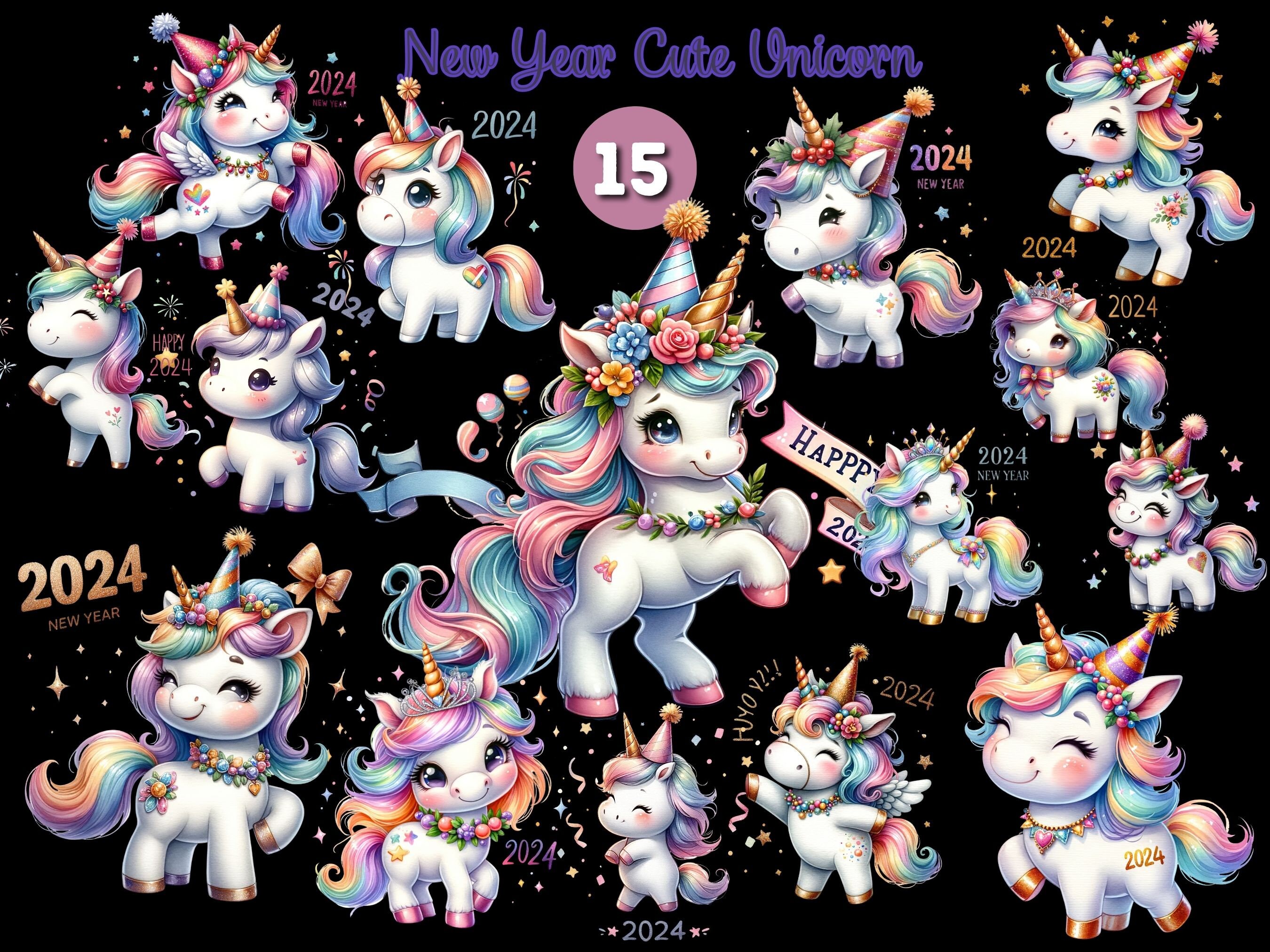Watercolor Cute Unicorn Clipart Celebrate the New Year - Etsy