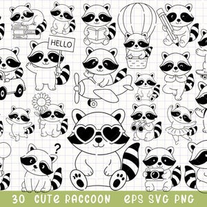 Waschbär-Svg, niedliches Tier Clipart, Waschbär-Illustration, Kawaii-Waschbär-Bundle, Tierlinekunst, Cartoon-Waschbärzeichnung