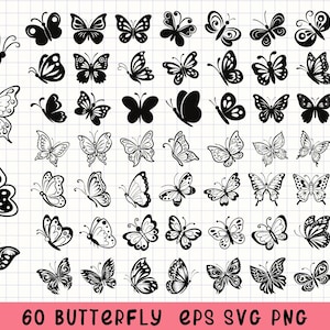 Clipart de borboleta, silhueta de borboleta, SVG de inseto, PNG de natureza, borboleta desenhada à mão, arte floral e de borboleta, elementos de design de primavera