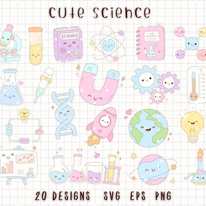 Puede incluir: Una colección de 20 ilustraciones con temática científica. La imagen presenta varios elementos científicos como un microscopio, tubos de ensayo, un libro, un átomo, un imán, un cohete, un globo terráqueo y una bombilla, todos con caras sonrientes. El texto "CUTE SCIENCE" está en la parte superior.