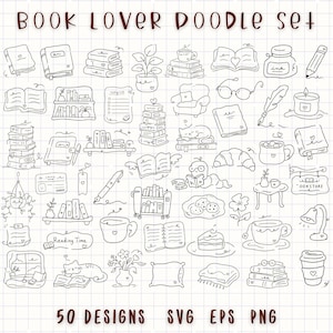 Puede incluir: Una colección digital de 50 garabatos de arte lineal en blanco y negro titulada BOOK LOVER DOODLE SET. Las ilustraciones incluyen libros, gafas de lectura, gatos, tazas de café, plantas, lámparas y artículos de papelería sobre un fondo de cuadrícula.