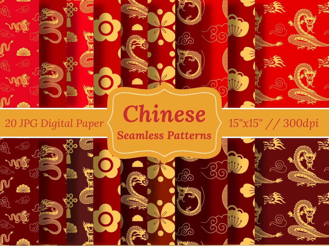 Chinese Pattern Red Gold Chinoiserie Digital Paper Dragon Seamless,fabric Design,scrapbooking