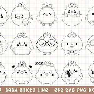 Imágenes prediseñadas de pollitos, pollo lindo SVG, pollito de Pascua PNG, garabato de animal de granja, arte de pajarito lindo, contorno de pollo de dibujos animados