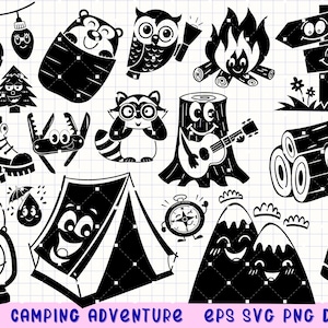 Camping Adventure Svg, Cute Outdoor Clipart, Cartoon Camping Clipart, Kawaii Hiking Bundle, Happy Camp Doodles, Forest Trip Svg