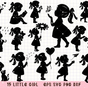 May include: Black silhouette illustrations of little girls in various poses. One girl holds a flower, another a teddy bear, and another a heart-shaped balloon. The text "15 LITTLE GIRL EPS SVG PNG DXF" is at the bottom.