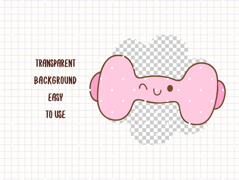 K&ouml;nnte beinhalten: Ein rosa Cartoon-Hantel mit wei&szlig;en Tupfen und einem l&auml;chelnden Gesicht. Der Text "TRANSPARENT BACKGROUND EASY TO USE" befindet sich auf der linken Seite des Bildes. Die Hantel hat braune Umrisse und Endkappen.