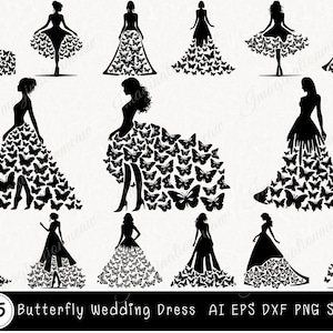 Vestido de noiva borboleta Svg, Vestido de noiva borboleta Svg, Vestido de noiva Svg, Silhueta de vestido de noiva, Arquivos de corte SVG de borboleta para Cricut