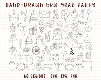 May include: A hand-drawn collection of party-themed illustrations in black and white. The image includes cakes, balloons, gifts, and text that reads "Hand-Drawn New Year Party", "Happy Birthday", and "Yay". The image also includes the text "60 Designs SVG EPS PNG".