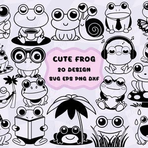Bundle de cliparts grenouille mignonne, grenouille dessin au trait SVG, adorables dessins PNG, grenouille drôle, Svg contour Animal