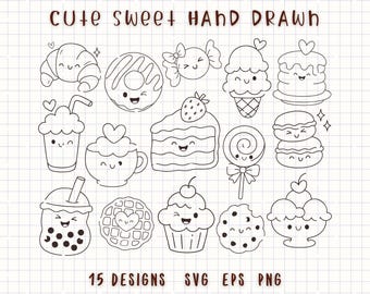 Pacchetto di dolci dessert SVG carini, clipart di prodotti da forno kawaii, dolci disegnati a mano PNG, torta al caffè e ciambella SVG per Cricut