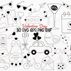 30 Valentine’s Day Doodle SVG, Romantic Heart and Love Clipart, Valentine Doodle, Hand Drawn Valentines Day, Valentine Digital Line Art