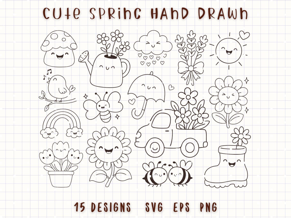 Cute Spring Clipart, Kawaii Flower Garden SVG Bundle, Hand Drawn Spring ...