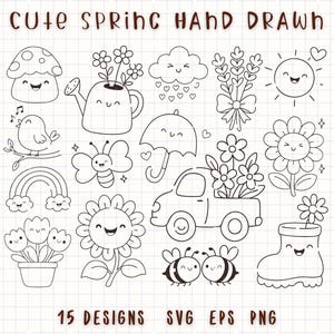 Può includere: Illustrazioni primaverili disegnate a mano in bianco e nero. L'immagine include un fungo, un annaffiatoio, una nuvola, un bouquet, un sole, un uccello, un arcobaleno, una farfalla, un ombrello, un camioncino, fiori, api e uno stivale. Il testo dice "CUTE SPRING HAND DRAWN".
