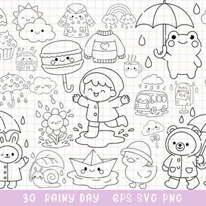 Rainy Day Clipart, Cute Weather Svg, Kawaii Rain Doodles, Rainy Day Line Art, Umbrella and Cloud Svg, Spring Kids Coloring