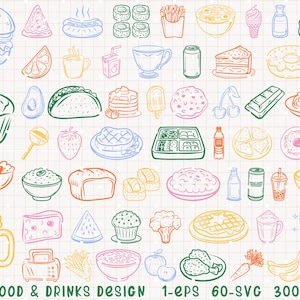 Lebensmittel Doodle SVG, handgezeichnete Lebensmittel Clipart, Essen und Trinken Bundle, Bunte Lebensmittel-Set, 60 Handgezeichnete Speisen und Getränke Svg Png Bundle