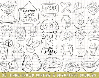 30 Whimsical SVG Coffee and Breakfast Doodles, Hand-Drawn Doodle Clipart for Cafe, Morning Routine, and Cozy Kitchen Art