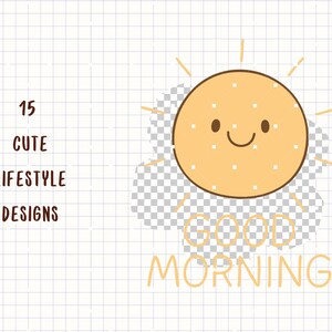 K&ouml;nnte beinhalten: Fr&ouml;hliche Grafik mit einer l&auml;chelnden Sonne, mit wei&szlig;en Punkten versehen, und den Worten "Good Morning" in einer weichen orangefarbenen Schriftart. Das Bild enth&auml;lt auch den Text "15 Cute Lifestyle Designs".