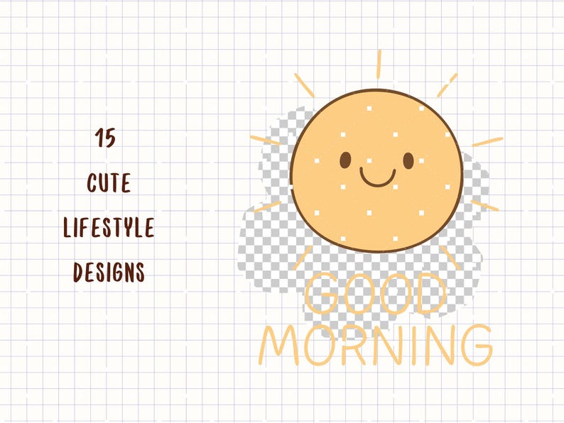 K&ouml;nnte beinhalten: Fr&ouml;hliche Grafik mit einer l&auml;chelnden Sonne, mit wei&szlig;en Punkten versehen, und den Worten "Good Morning" in einer weichen orangefarbenen Schriftart. Das Bild enth&auml;lt auch den Text "15 Cute Lifestyle Designs".