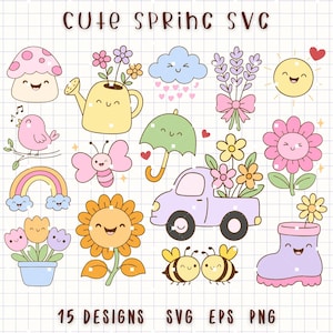 May include: A collection of cute spring-themed illustrations, including a smiling mushroom, watering can with flowers, a singing bird, a rainbow, a butterfly, a cloud, a bouquet of lavender, a sun, an umbrella, a truck with flowers, a flower, two bees, a boot, and a flower pot. The text "CUTE SPRING SVG" and "15 DESIGNS SVG EPS PNG" are also present.