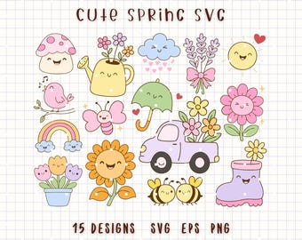 Niedliches Frühling SVG Bundle, Kawaii Blumen Bienen Regenbogen Clipart, Frühling LKW Gartenarbeit Doodles, fröhliche Frühling Designs für Cricut Silhouette