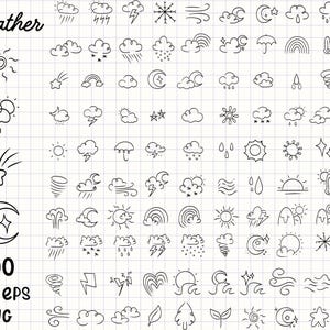Imágenes prediseñadas del clima, sol y nubes SVG, iconos de tormenta PNG, gráficos de días lluviosos, arte minimalista del clima, doodle Svg, arte lineal dibujado a mano