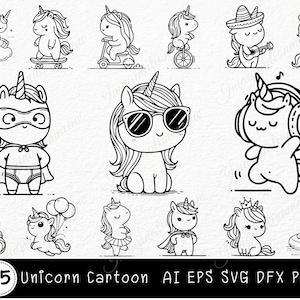 Unicorn Cartoon Bundle Svg, Hand Drawn Unicorn Svg, Unicorn Svg, Unicorn Svg Bundle, Animal Hand Drawn Svg, Unicorn Svg for girl