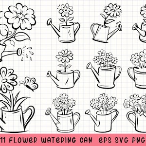 Imágenes prediseñadas de regadera, SVG de jardín, PNG de flores, garabatos botánicos, arte de jardinería de primavera, plantas dibujadas a mano, lindas imágenes prediseñadas de flores