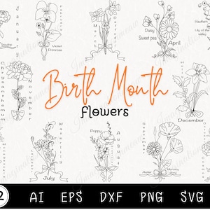 Pacchetto Svg mese di nascita, Svg fiore di nascita, Svg mese di nascita, Svg fiore, Svg floreale, Svg botanico, Svg bouquet di fiori,