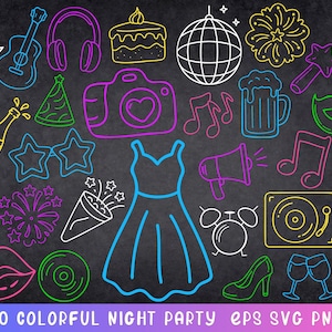 Bunte Party Clipart, Feier geschnitten Datei, Nachtparty Clipart, Disco Party Clipart, bunte Party-Symbole, Party Doodle Zeichen, Partykleid Zeichen