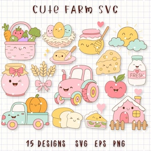 May include: Cute farm-themed SVG designs featuring a pink tractor, a basket of vegetables, a pumpkin in a truck, and other food items. The image includes text that says "Cute Farm SVG" and "15 Designs SVG EPS PNG".