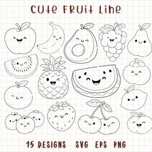 Op de afbeelding: Zwart-wit lijntekeningen van verschillende vruchten met lachende gezichten, waaronder een appel, banaan, avocado, druiven, peer, kiwi, ananas, watermeloen, sinaasappel, bosbessen, aardbei, kersen, citroen en een perzik. Tekst bovenaan luidt "CUTE FRUIT LINE".