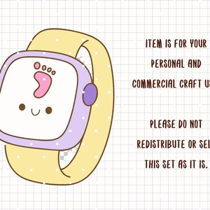 K&ouml;nnte beinhalten: Eine Cartoon-Smartwatch mit einem hellvioletten Zifferblatt und einem gelben Armband. Das Zifferblatt zeigt einen rosa Fu&szlig;abdruck und ein l&auml;chelndes Gesicht. Der Text auf dem Bild lautet: "ITEM IS FOR YOUR PERSONAL AND COMMERCIAL CRAFT USE."