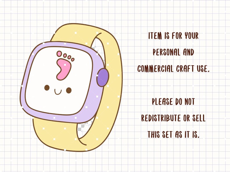 K&ouml;nnte beinhalten: Eine Cartoon-Smartwatch mit einem hellvioletten Zifferblatt und einem gelben Armband. Das Zifferblatt zeigt einen rosa Fu&szlig;abdruck und ein l&auml;chelndes Gesicht. Der Text auf dem Bild lautet: "ITEM IS FOR YOUR PERSONAL AND COMMERCIAL CRAFT USE."