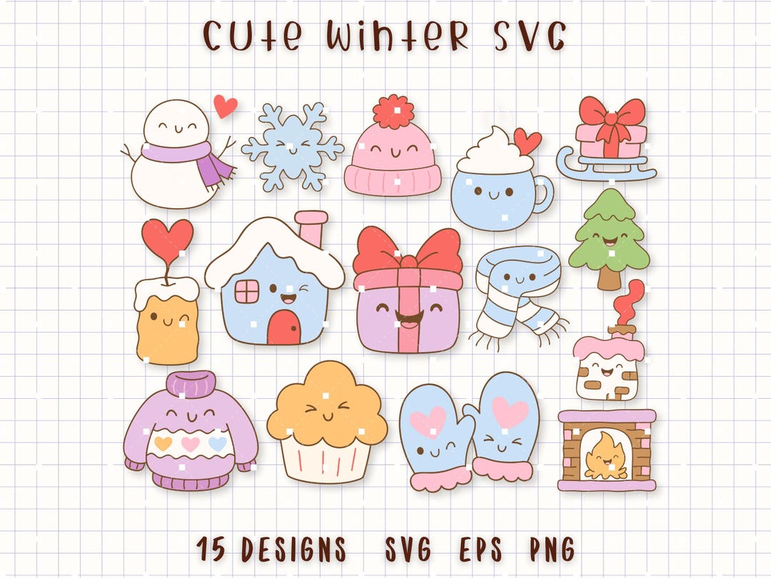 Cute Winter SVG Bundle, Kawaii Holiday Clipart Set, Cozy Snowman Mug ...