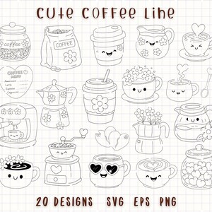 Kaffee Clipart SVG Bundle, süße Kaffee Doodle Icons, handgezeichnete Kaffeetasse Latte Espresso Elemente, Cafe Menü Grafiken Set