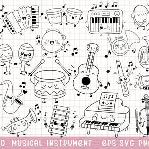 May include: A black and white illustration of various musical instruments, including a guitar, piano, drums, and violin, each with a smiling face. Musical notes float around the instruments. The text "20 MUSICAL INSTRUMENT EPS SVG PNG" is at the bottom.
