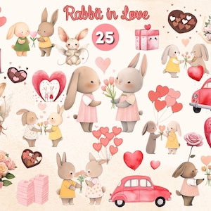 Watercolor Valentines Day Clipart, Rabbit in Love, Valentine Cute Bunny, romantic clipart, Love Day Clipart, Valentine&#39;s Clipart