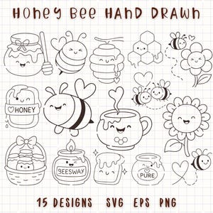 Può includere: Illustrazioni in bianco e nero disegnate a mano di elementi relativi al miele, tra cui vasetti di miele, api, un favo e un girasole. Il testo "HONEY BEE HAND DRAWN" è in alto e "15 DESIGNS SVG EPS PNG" in basso.