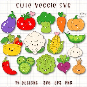 Könnte beinhalten: Eine Sammlung von 15 niedlichen Gemüse-Designs im SVG-, EPS- und PNG-Format. Die Illustrationen zeigen eine lila Aubergine, eine rote Tomate, grünen Brokkoli, eine orangefarbene Karotte und einen gelben Kürbis, alle mit einem lächelnden Gesicht. Der Text "CUTE VEGGIE SVG" steht oben.