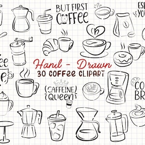 Könnte beinhalten: Handgezeichnete Kaffee-Clipart-Sammlung mit verschiedenen Illustrationen, darunter Tassen, Bohnen, eine Kaffeemaschine und Text mit der Aufschrift "But first coffee" und "Espresso Yourself". Das Bild ist in Schwarzweiß gehalten.