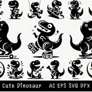 Cute Dinosaur SVG Bundle, Kids Dino Silhouettes, T-Rex Clipart PNG, Baby Dinosaur SVG Files for Crafting