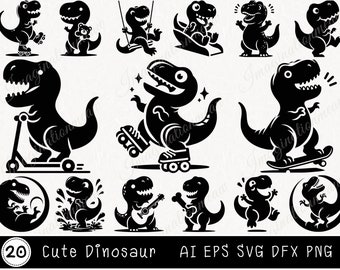 Cute Dinosaur SVG Bundle - Kids Dino Silhouettes, T-Rex Clipart PNG, Baby Dinosaur SVG Files for Crafting