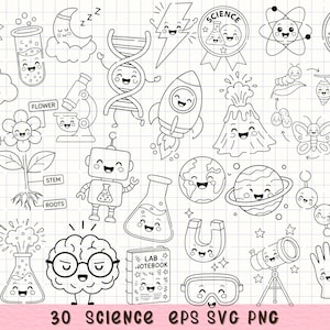 Può includere: Illustrazioni in bianco e nero a tema scientifico, tra cui un sole, un filamento di DNA, un razzo, un microscopio, un fiore, un cervello e un quaderno di laboratorio. Il testo "30 SCIENCE EPS SVG PNG" è in basso.