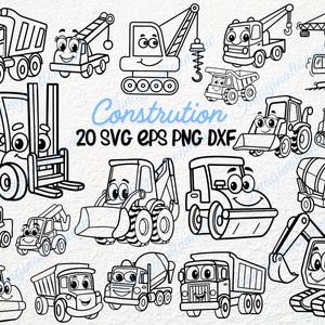 20 niedliche Baufahrzeuge SVG, Cartoon LKW Clipart, Baustellenlastwagen SVG, Fahrzeug Clipart, Kinder Transport Clipart