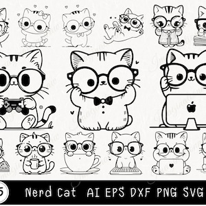 Gatto carino SVG, gatto nerd SVG, gatto con gli occhiali SVG, gatto divertente SVG, pacchetto SVG di gatti, gatto a strati SVG, pacchetto di cartoni animati di gatti SVG per file di taglio